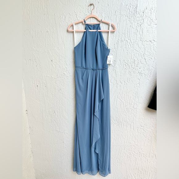 David’s Bridal High neck chiffon bridesmaid dress maxi steel blue 2 new - Picture 3 of 11